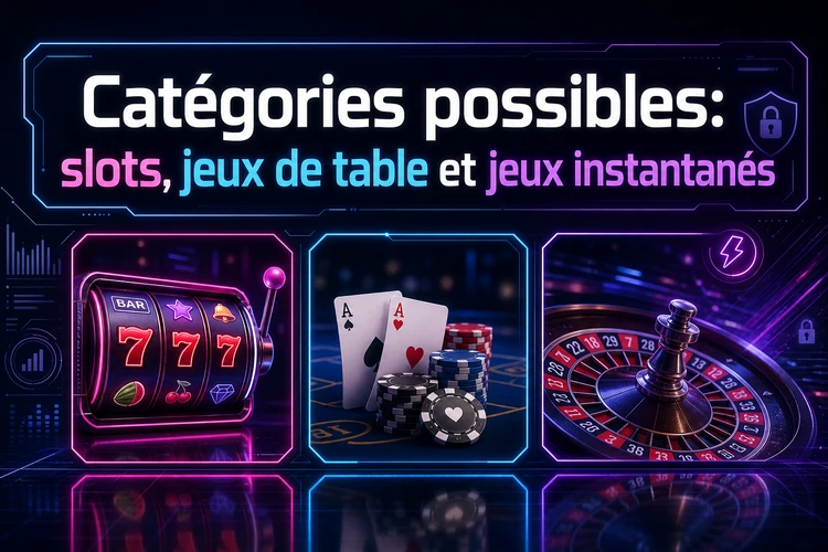 Catégories possibles: slots, jeux de table et jeux instantanés